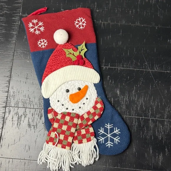 Christmas Stocking 3D Snowman w Scarf Pom Poms Corn Cob Pipe Chenille Felt Blue - Picture 5 of 5